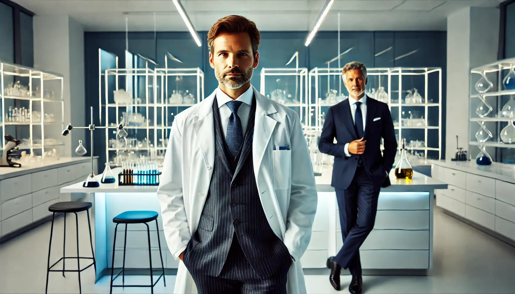 DALL·E 2024-11-28 13.28.16 - A professional-looking scientist in a lab coat, with business formal attire underneath, standing confidently in a modern laboratory setting. The backg