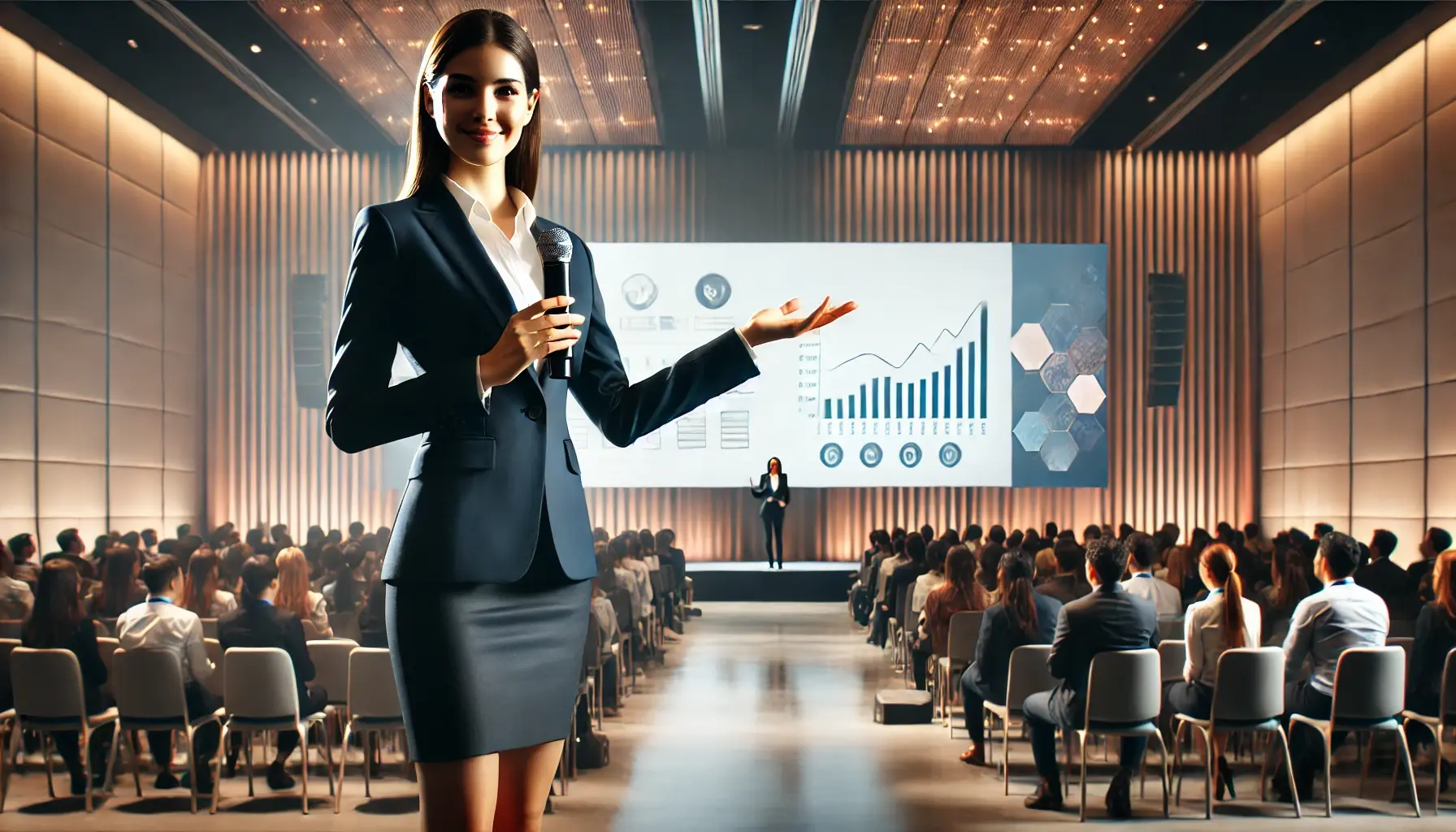 DALL·E 2024-11-28 13.30.55 - A female business leader confidently presenting on stage to an audience in a large, modern conference hall. She is dressed in a professional business 