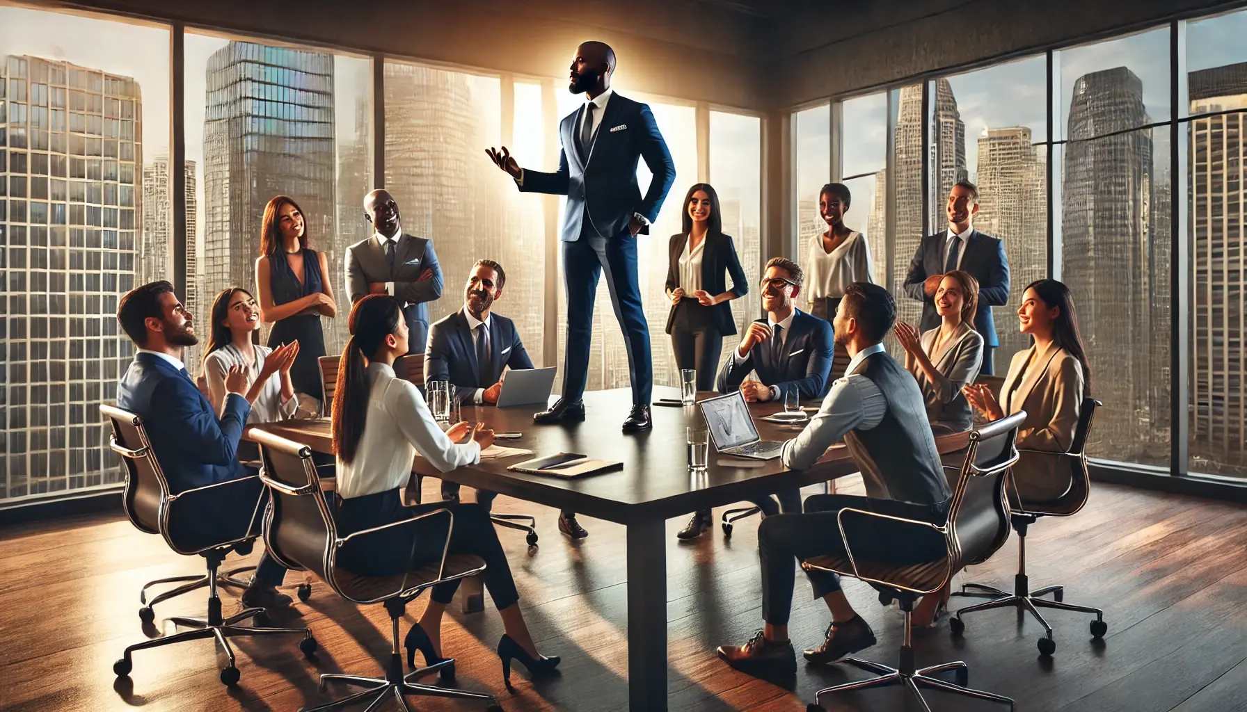 DALL·E 2024-11-28 13.34.26 - A dynamic and diverse boardroom scene featuring a confident leader standing at the head of a modern conference table, inspiring and engaging the team 