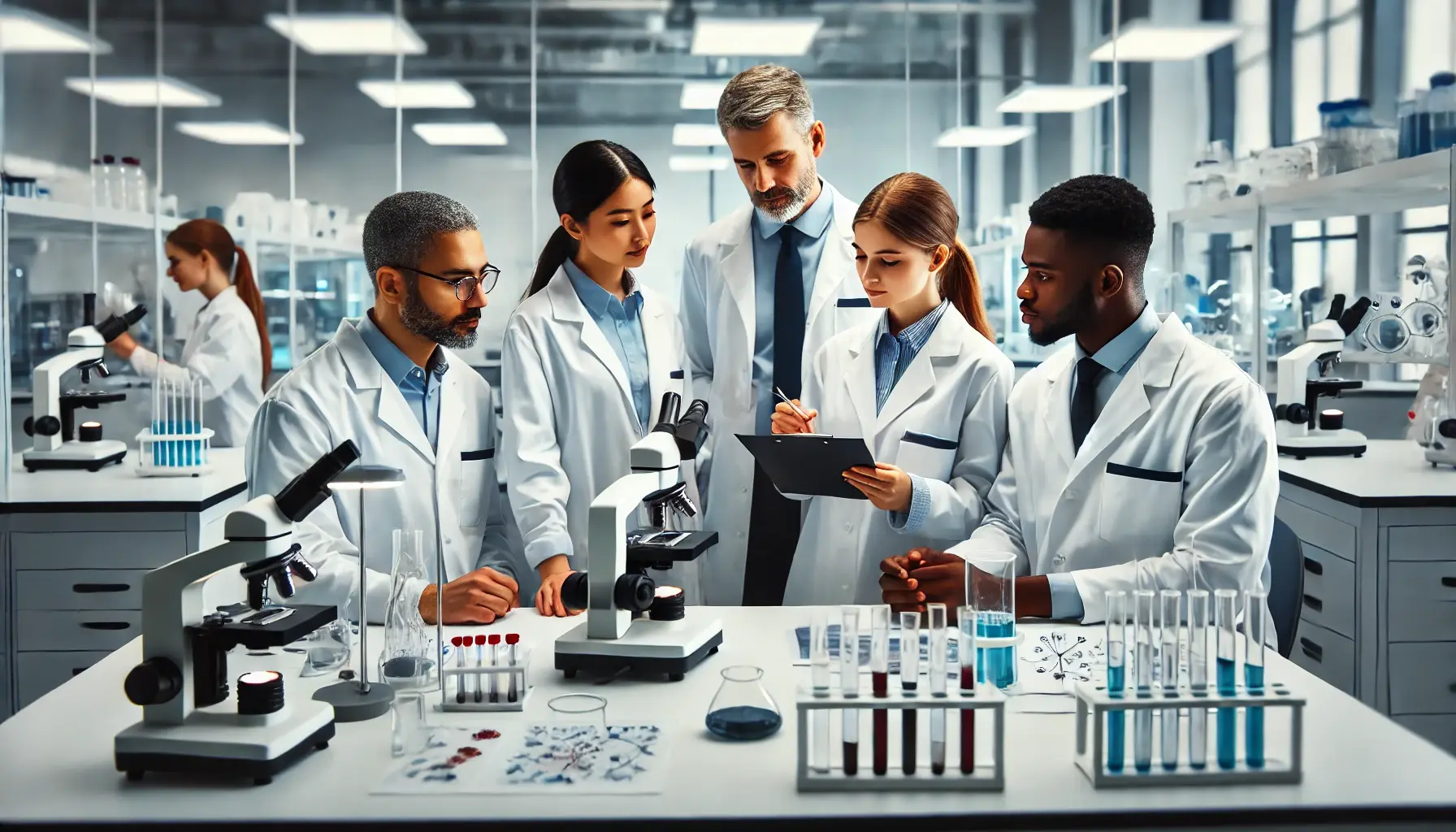 DALL·E 2024-11-28 13.37.31 - A small and diverse high-performance team of Biotech scientists collaborating in a modern laboratory. The team includes individuals of different gende