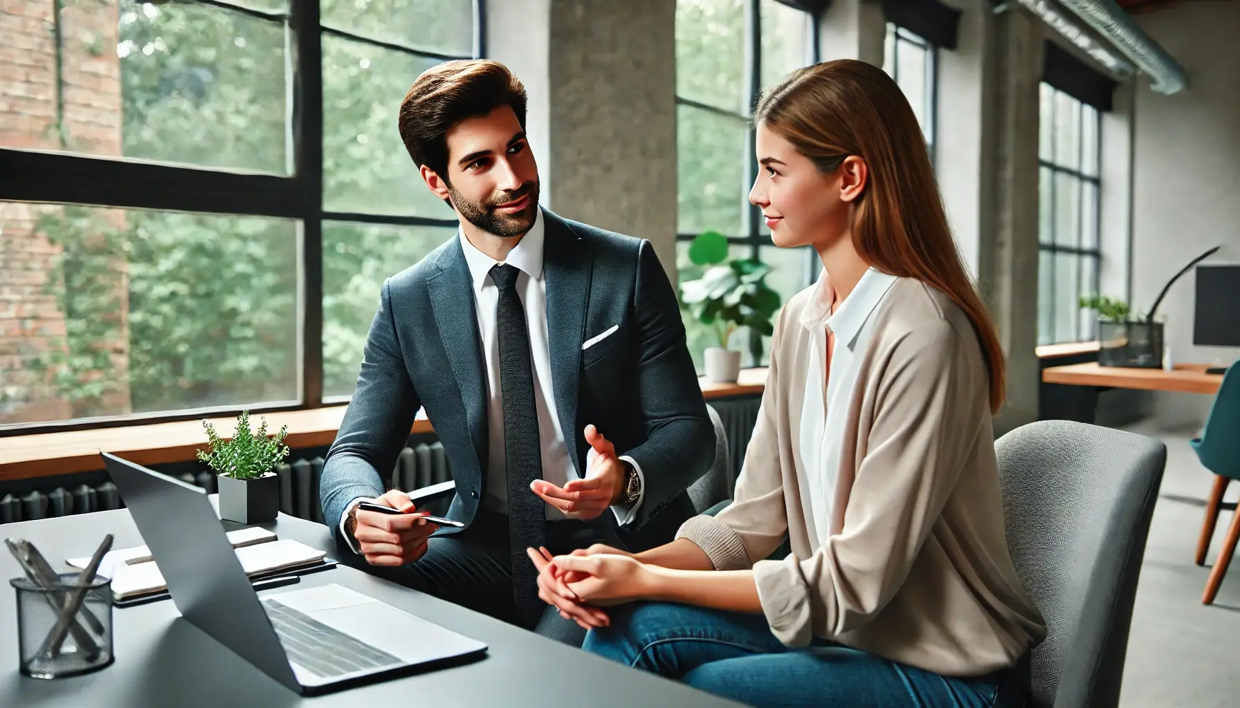 DALL·E 2024-11-28 13.41.09 - A professional and engaging scene of a manager coaching an employee in a modern office setting. The manager, a confident and approachable individual, 