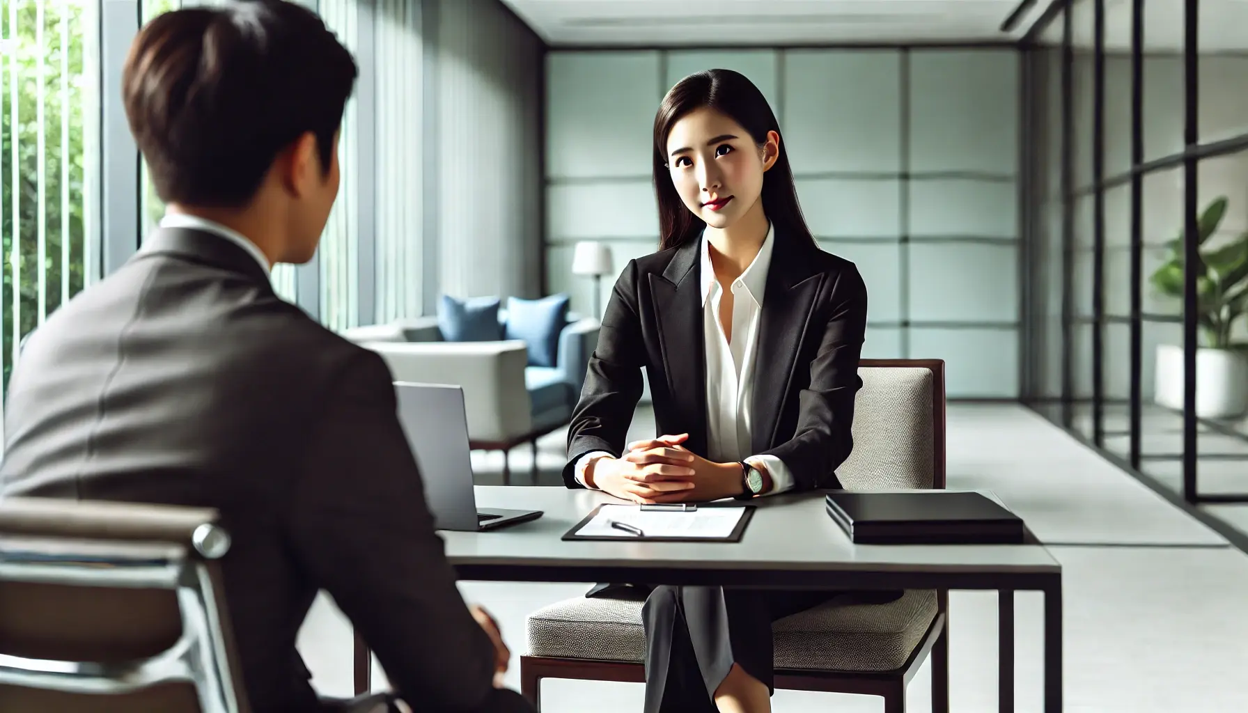 DALL·E 2024-11-28 13.44.37 - A professional scene featuring a seated female Chinese leader having a challenging yet constructive conversation with an employee in a modern office s