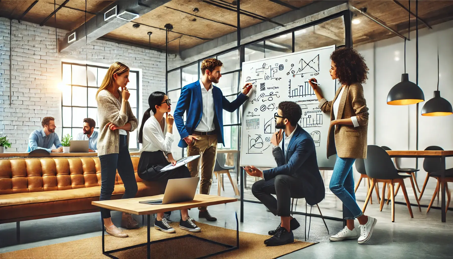 DALL·E 2024-11-28 13.49.41 - A small and diverse team of professionals collaborating and solving problems in a modern office setting. The team consists of three to four individual