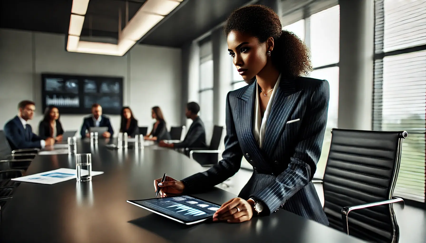 DALL·E 2024-11-28 13.50.57 - A powerful and focused scene of a Black female leader in a modern office setting, making a significant decision. She is seated at the head of a sleek 